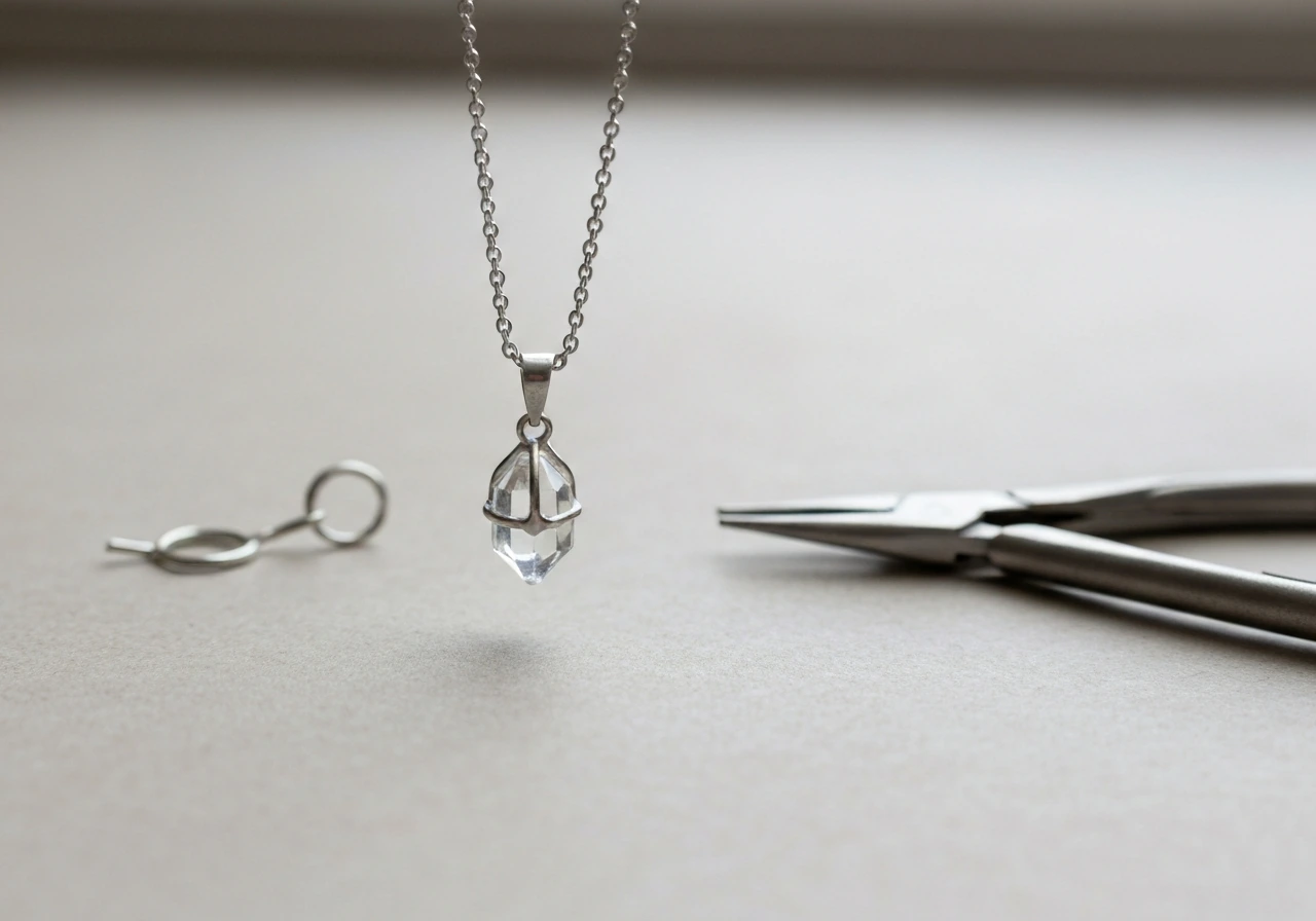 Close-up of a crystal pendant on a chain with jump ring and pliers beside it on a tabletop.