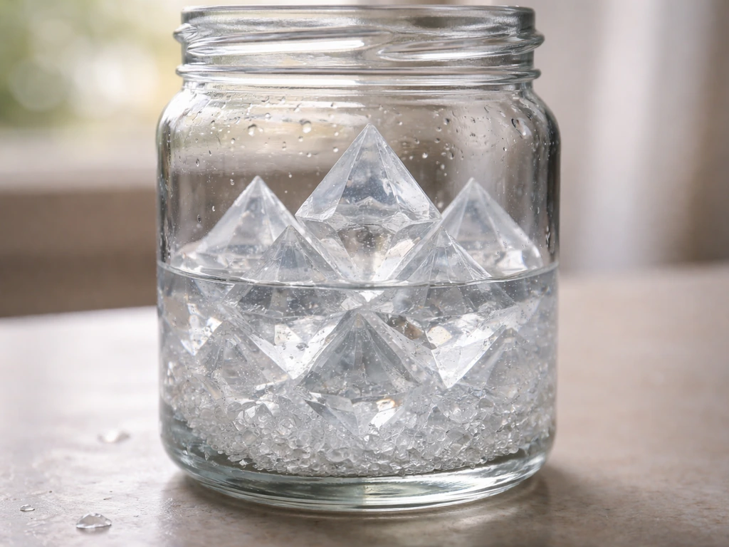 Macro close-up of clear octahedral crystals growing in a glass jar with a simple crystal kit vessel.