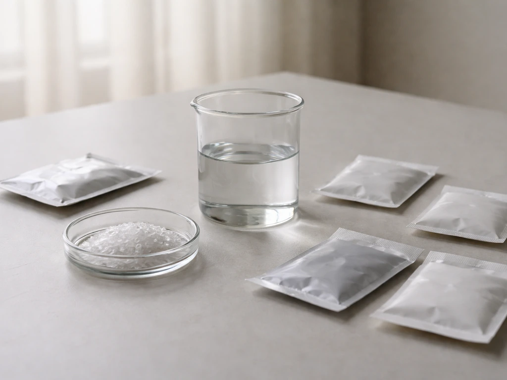 Crystal growing kit components laid out: packets, a glass vessel, and a seed crystal on a clean surface.