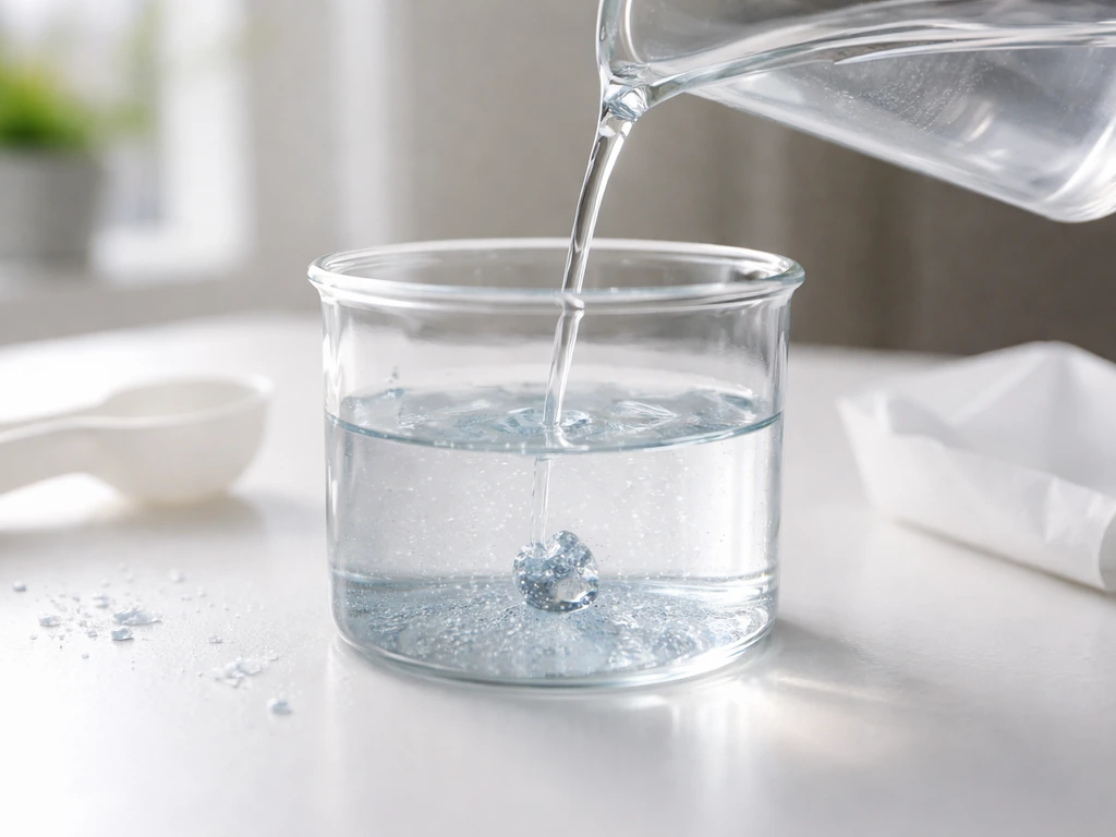 Close-up of saturated crystal solution being poured into a clear vessel with a centered seed crystal.