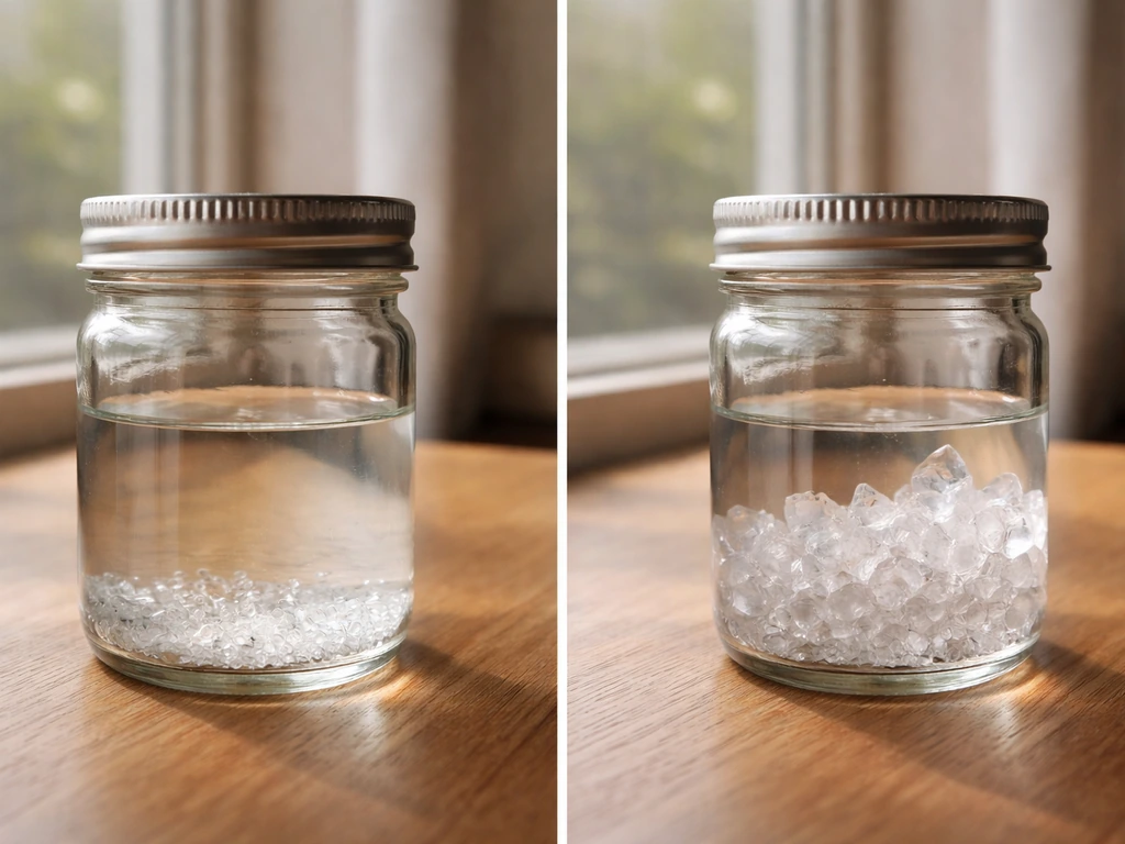 Two unlabeled jars on a table showing early vs later crystal growth without being disturbed.