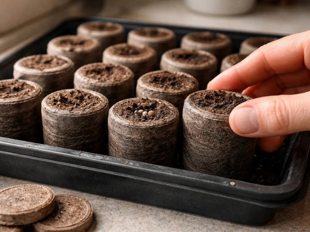 Peat pots standing upright in a tray with seeds placed at the correct depth for planting.