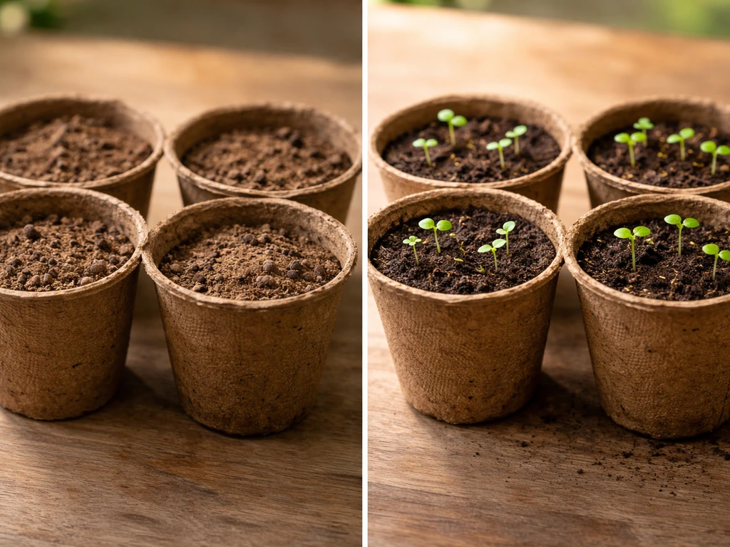 Side-by-side peat pots showing no sprouts on dry/cold soil versus fresh sprouts on properly prepared soil.