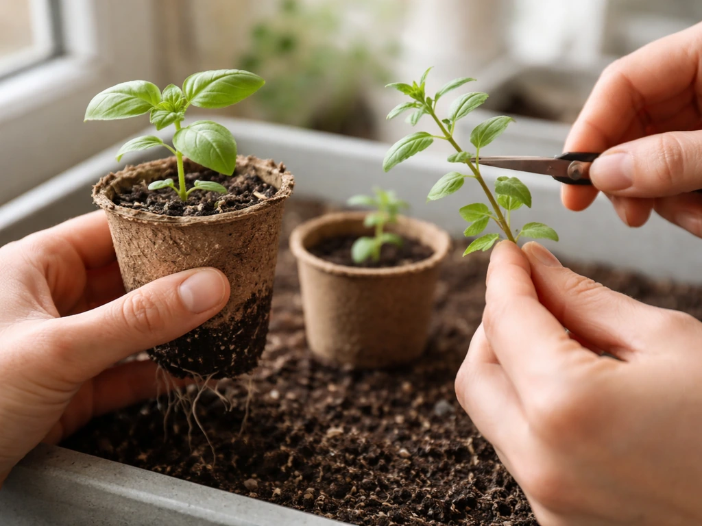 Close-up of small leafy seedlings in individual pots being gently transplanted with an intact root ball.