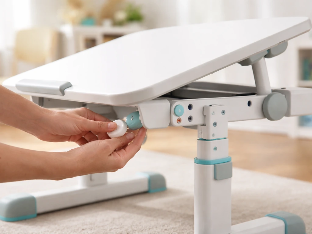 Hands adjusting the height of a kid’s adjustable drawing table with the board tilted slightly.