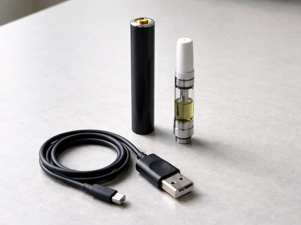 Vape pen battery, 510 cartridge, and USB charging cable laid out neatly on a clean surface.
