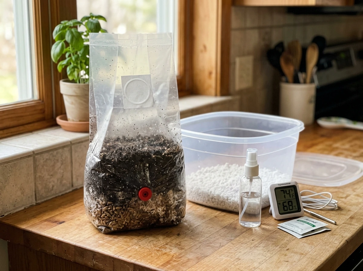 All-in-one booming acres grow bag setup with tub, perlite, spray bottle, and sanitation items
