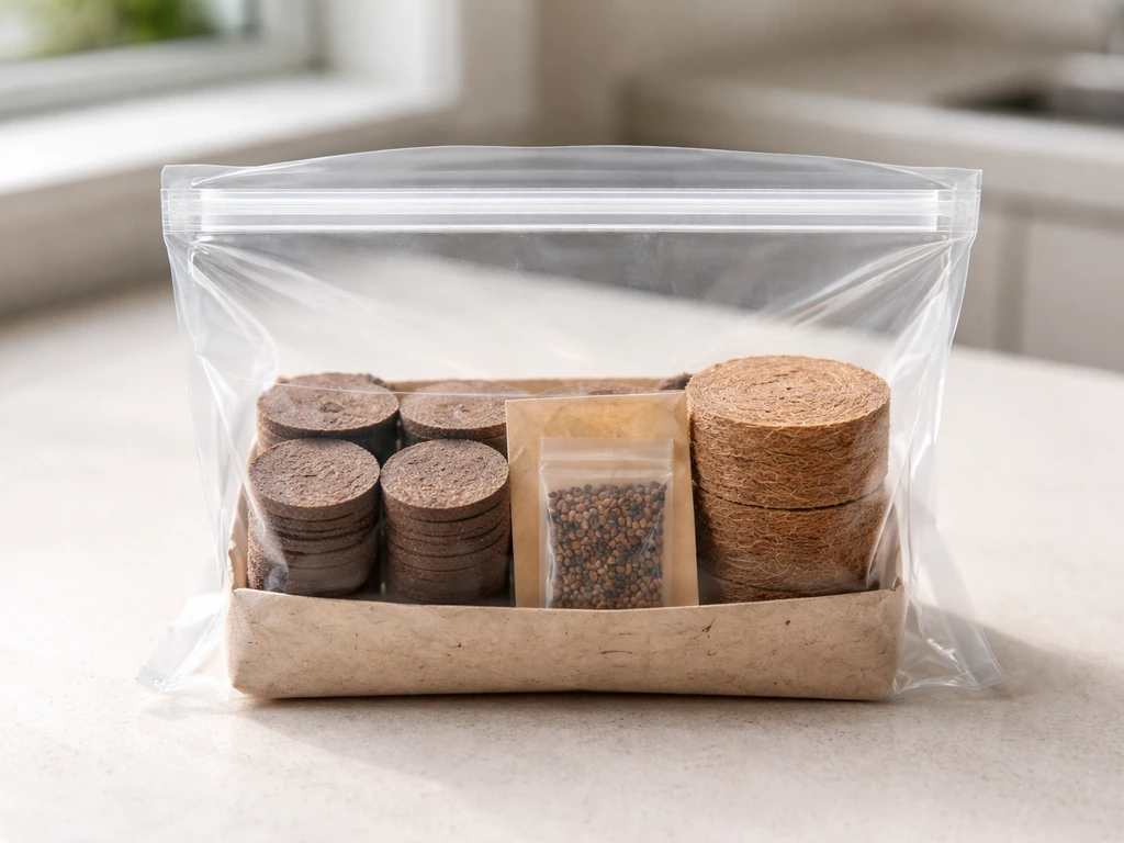 Unopened grow kit in a bag set up on a clean counter with neatly visible planting components.