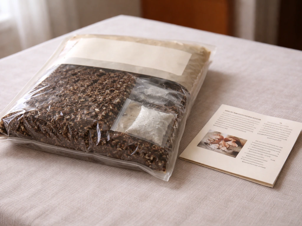 Close-up of a mushroom grow kit bag on a table with visible label and included insert cards