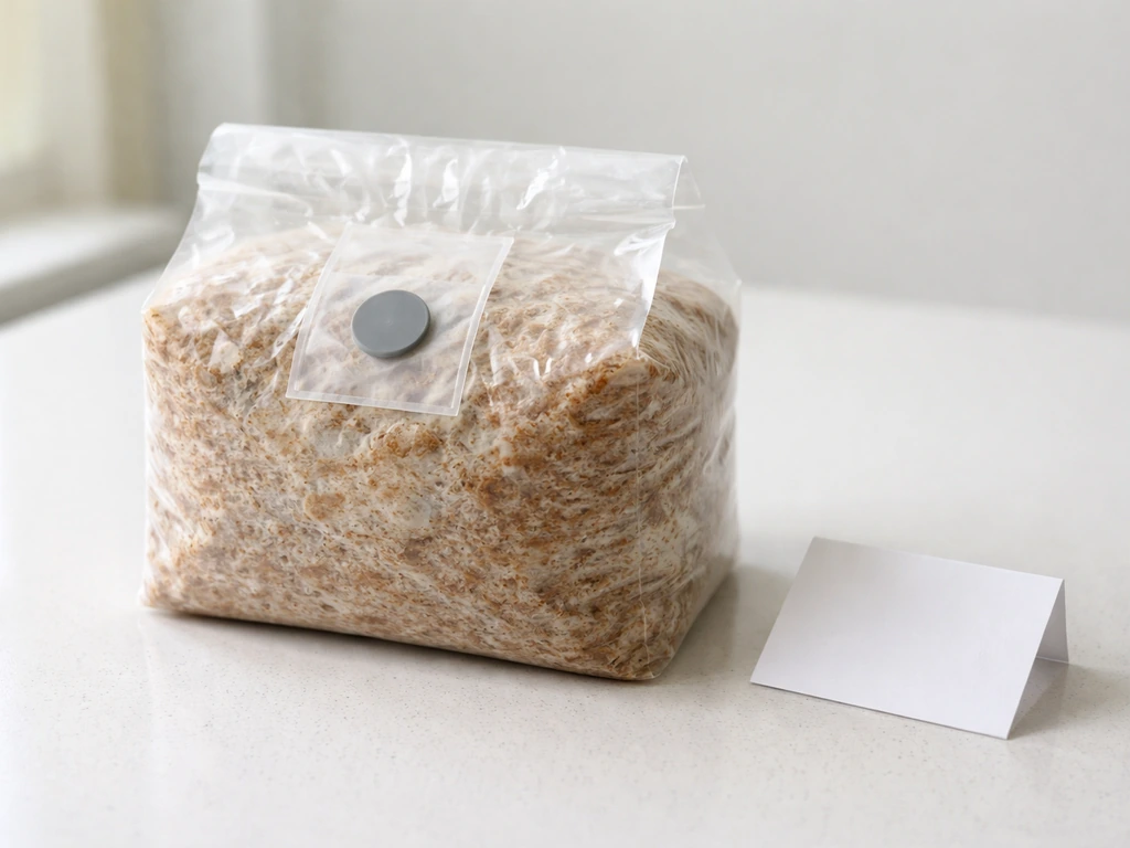 Intact mushroom grow bag on a clean countertop with a visible injection port and no contamination colors.