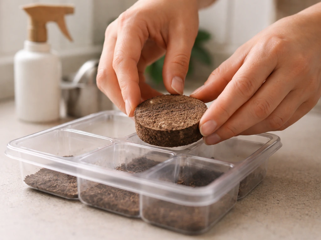 Compressed soil puck being placed into a planter tray on a kitchen counter before watering.