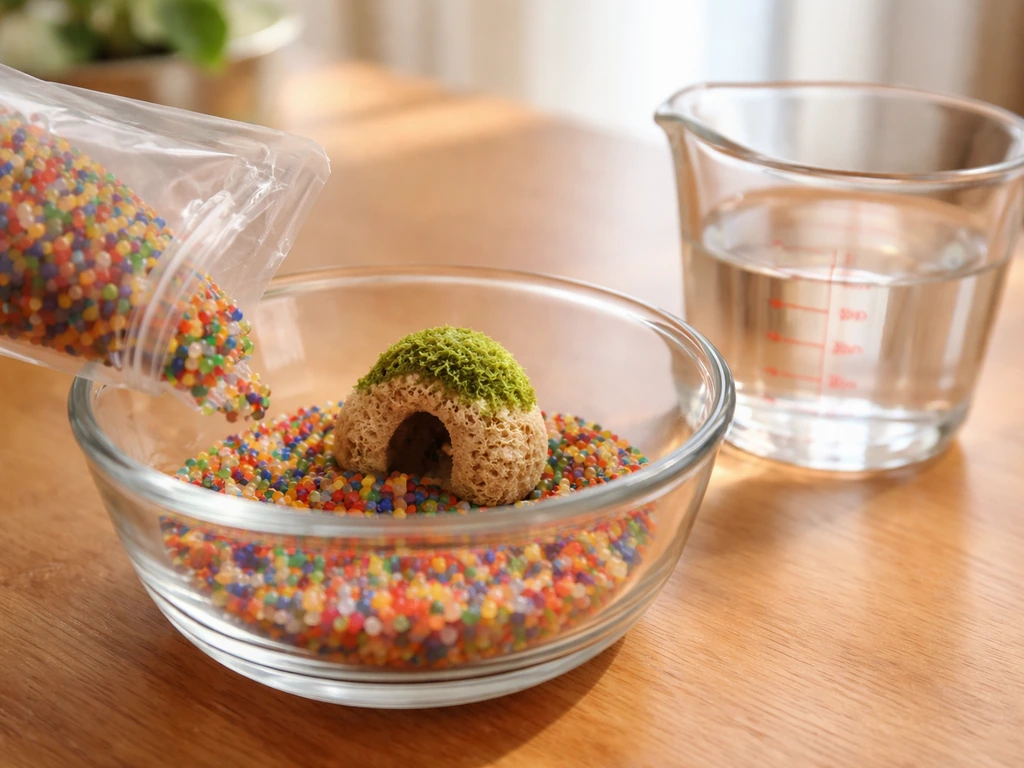 Opened pouch with beads and a sponge-like figure in a glass bowl before water is added.