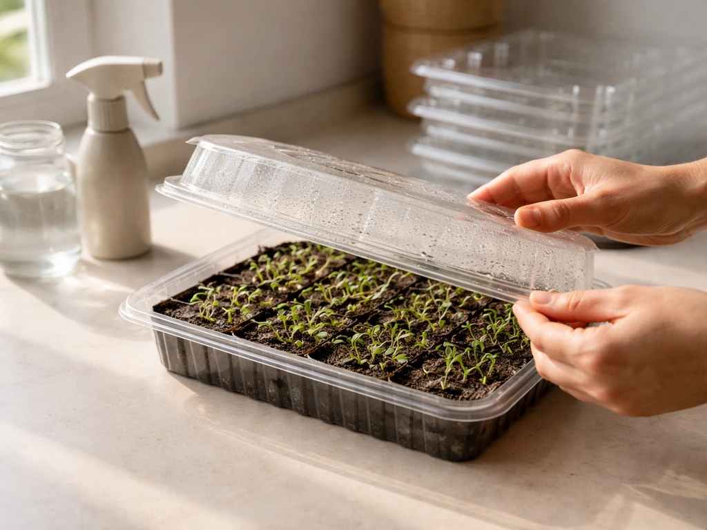 Hands inspecting a tidy seed-starting tray with a covered microgreens container in warm light