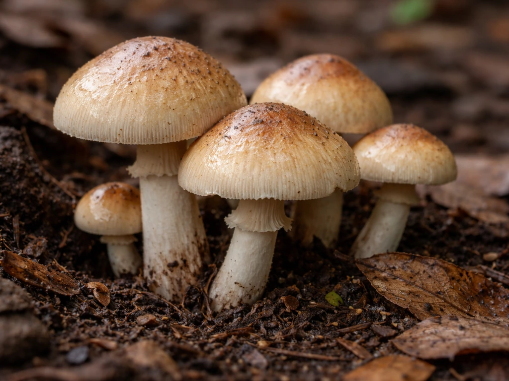 Close-up of mushroom caps at the veil-tearing stage on damp soil, showing correct harvest timing.