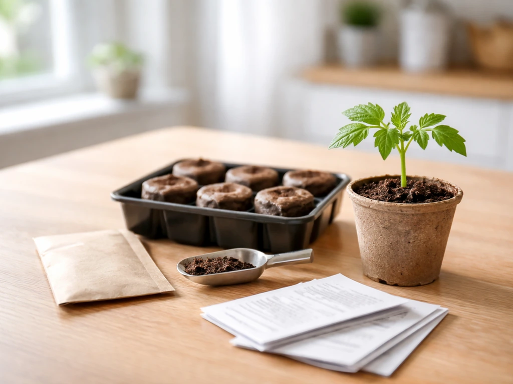 Buzzy tomato grow kit components and a small tomato seedling in a pot on a bright tabletop.