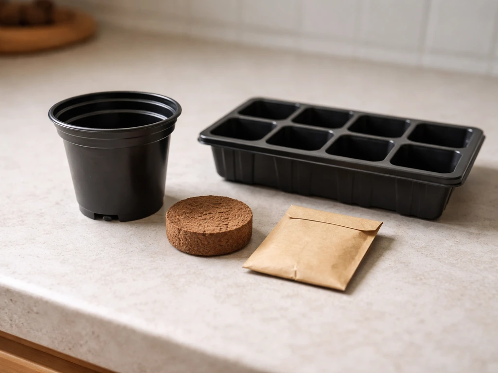 Starter kit components laid out on a counter: 4-inch pot, coir block, seed packet, and base tray.
