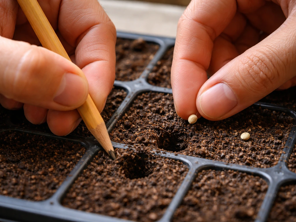 Close-up of hands using a pencil to make shallow holes in moist coir and placing a seed