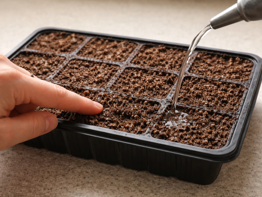 Hand pressing finger into damp coir seed-starting medium, with a careful slow pour watering the surface.