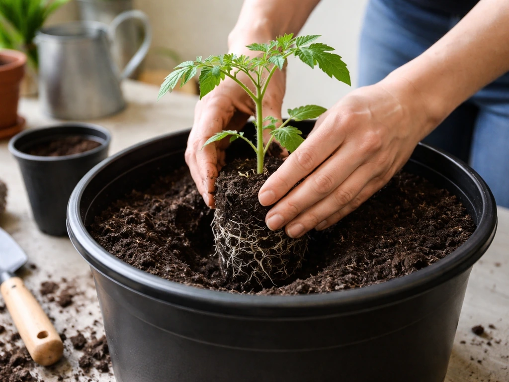 Tomato seedling moved from a small pot into a larger container with soil packed around the roots.