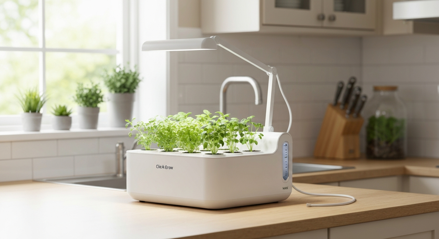 Click & Grow Smart Garden 9 fully assembled on a kitchen counter with LED lamp on and nine herb seedlings growing; water level visible at MAX.