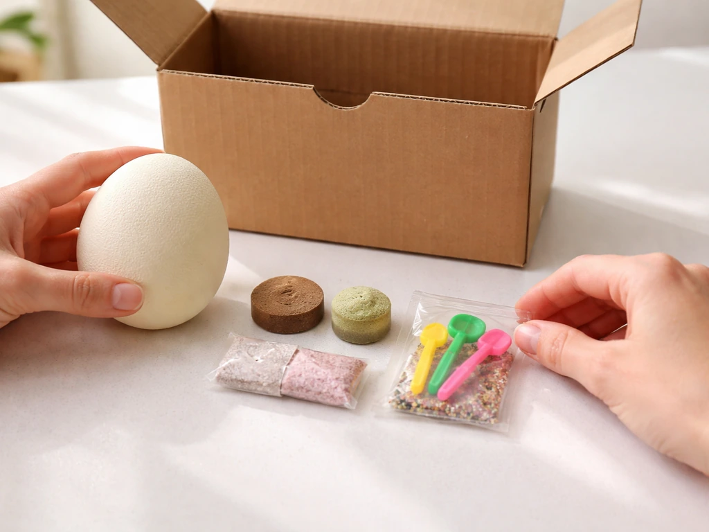 Open box on a table showing a hard plastic grow egg casing and included compressed materials neatly laid out.