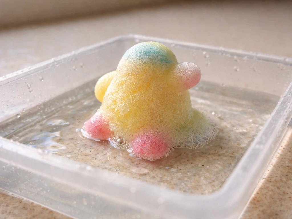 Close-up of a generic foam figure expanding in shallow water within a clear plastic tray.