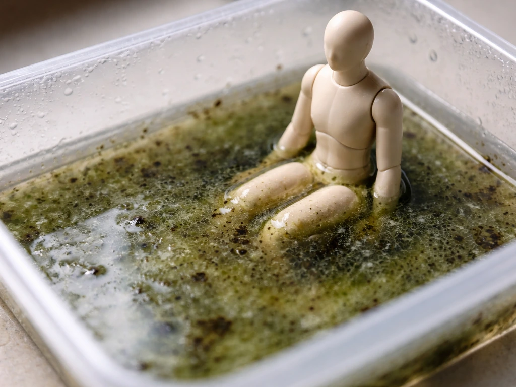 Close-up of green algae and dark mold in a small water tray with discoloration around a submerged figure