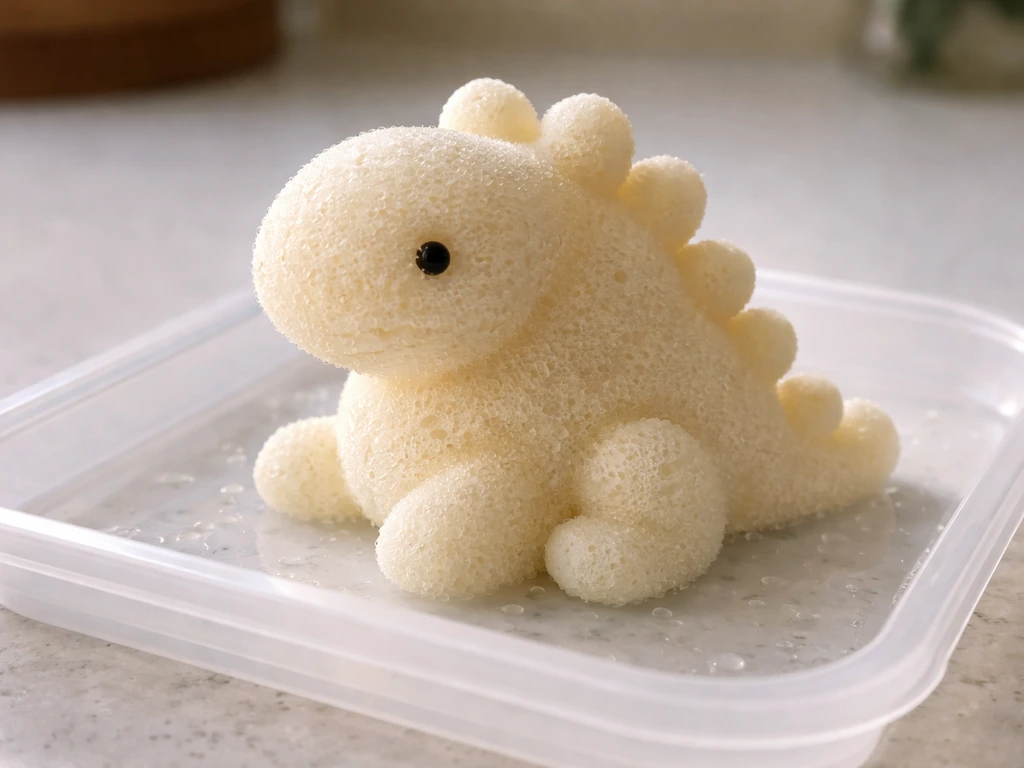 A sponge dinosaur figure freshly removed and air-dried on a clean tray in natural light.