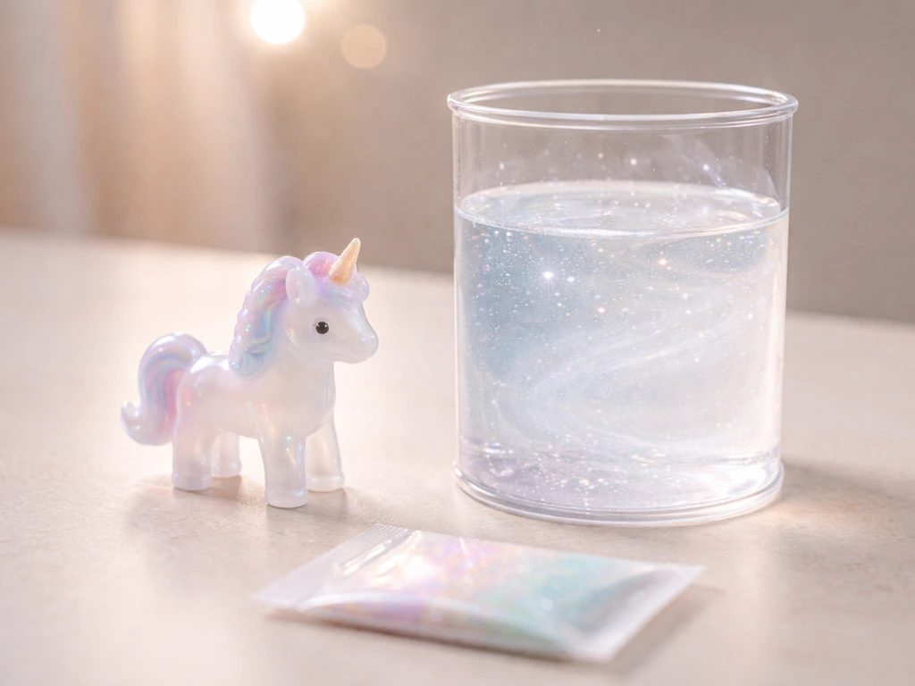 Unexpanded unicorn figurine beside its clear medium container on a simple tabletop, magical early growth feel.