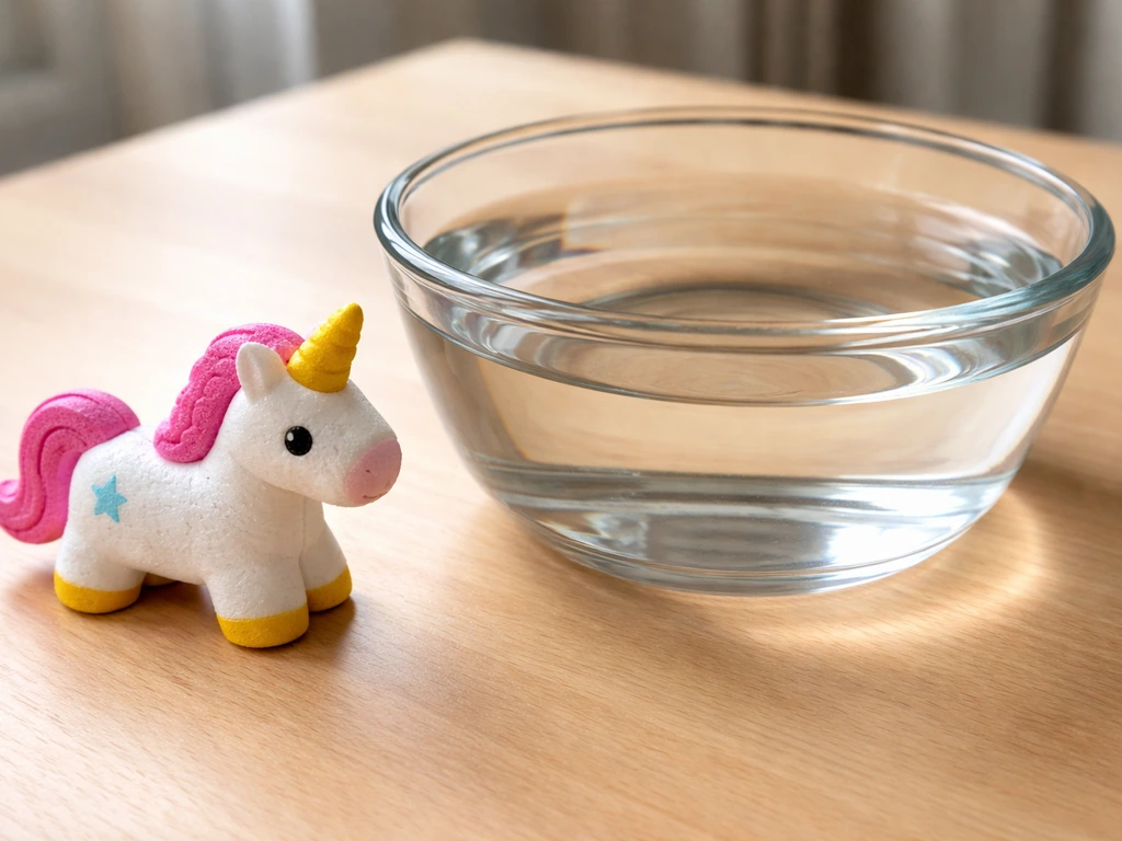 Close-up of a compressed foam unicorn figure, a bowl of room-temp tap water, ready to soak