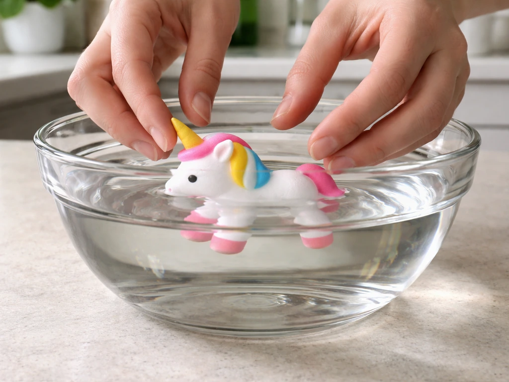 Hands lower a foam unicorn into a glass bowl of water so it fully submerges.