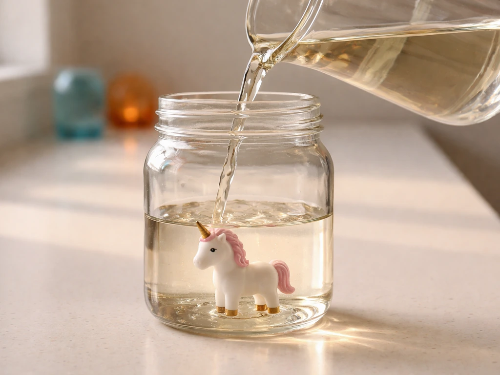 Unicorn figurine in a clear glass jar as warm solution is poured to start a crystal terrarium