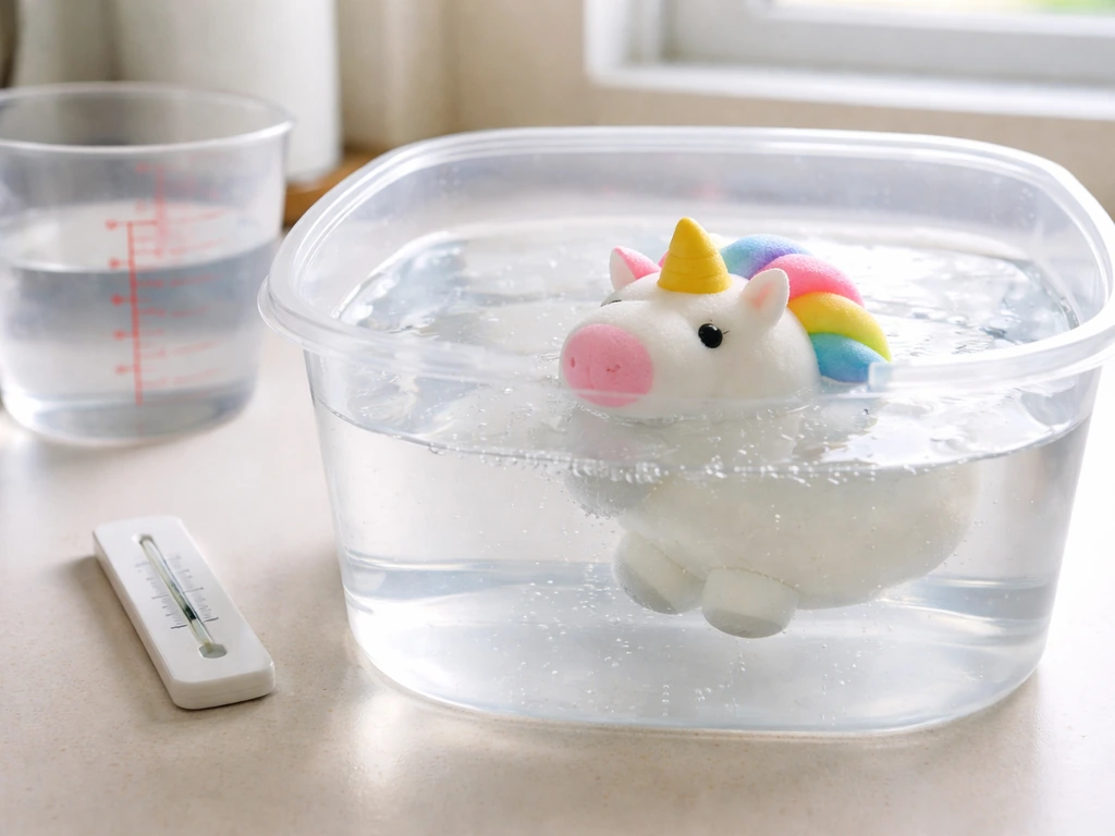 Foam unicorn figure in clear water with thermometer and measuring cup on a kitchen counter, suggesting a fix.