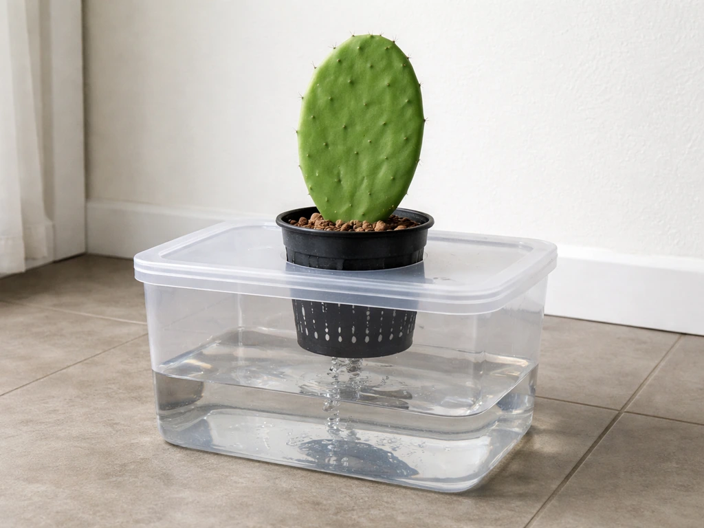 Indoor hydroponic kit setup showing reservoir, net pot, and a prickly pear cactus pad ready to root.