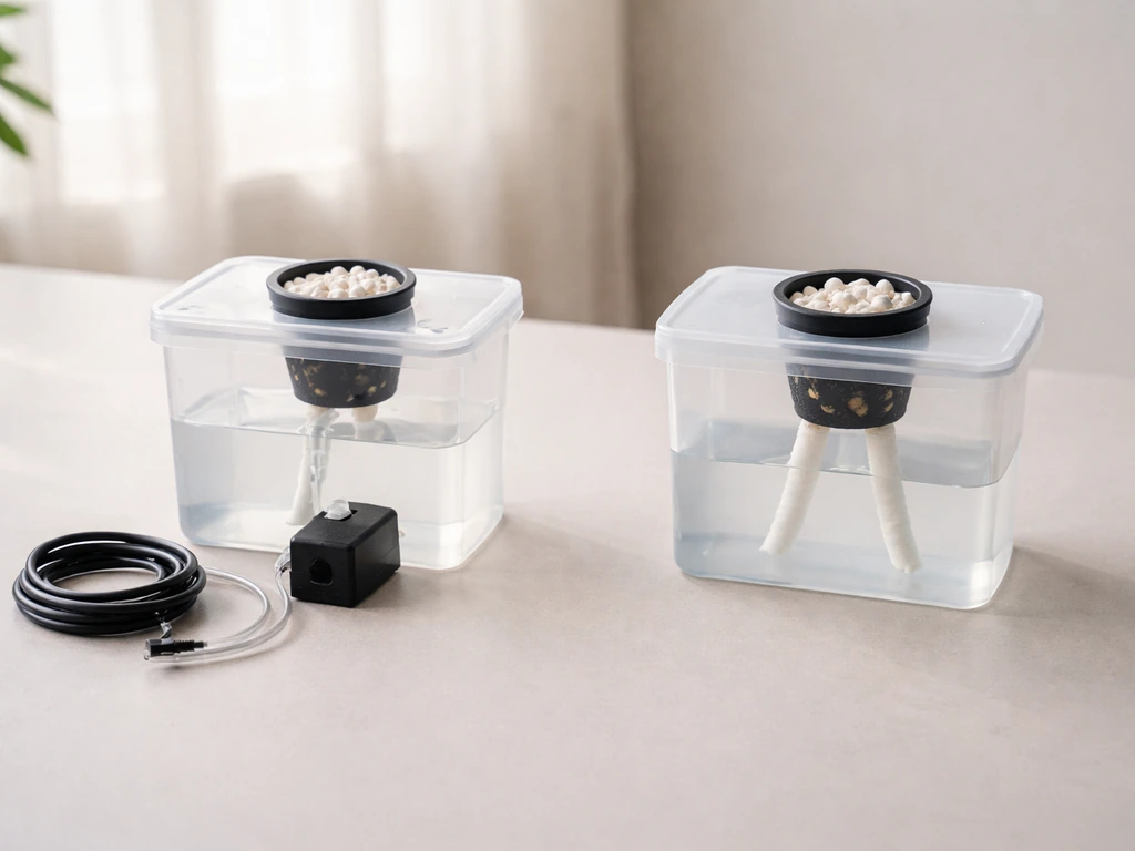 Minimal tabletop scene showing two different hydro grow kit layouts with key components laid out separately