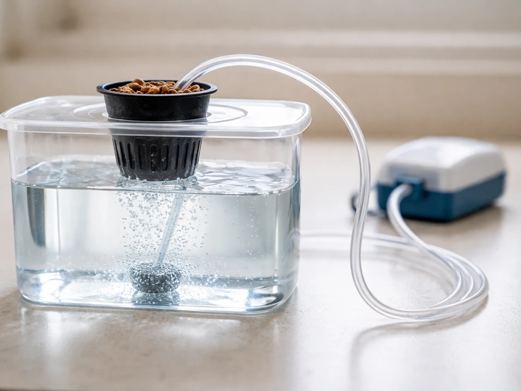 Active hydroponic kit assembly: pump reservoir on a table with net pot and routed air tubing