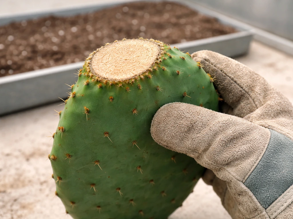 Gloved hands gripping a prickly pear pad, showing a dry callused cut surface ready for planting.