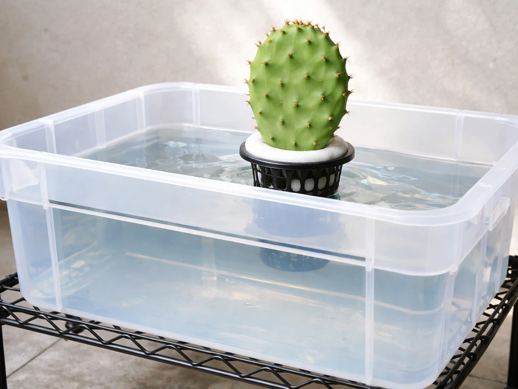 Hydro reservoir with clear water line showing rot-safe level above the cactus pad cut end
