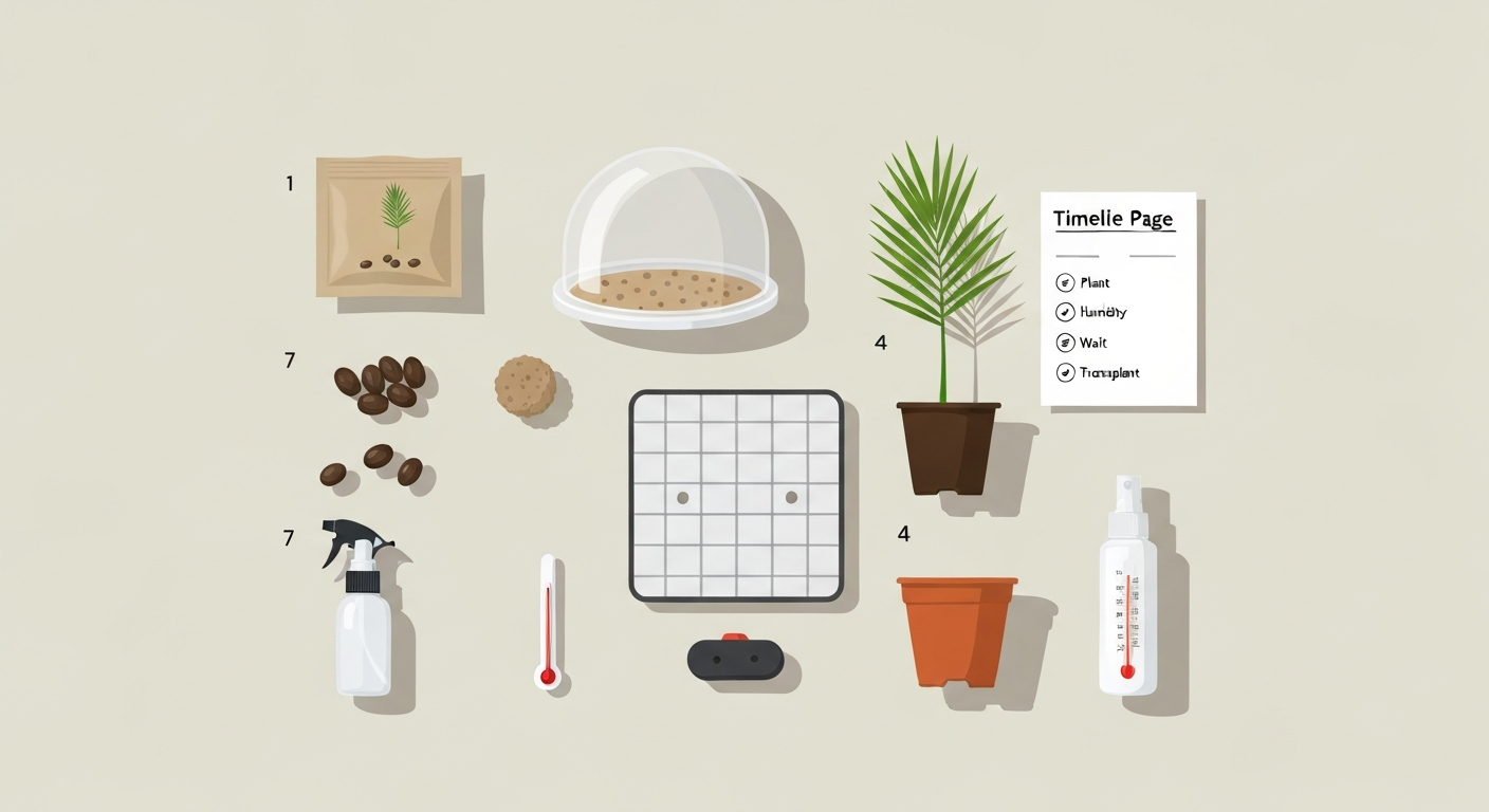 Flat-lay infographic of a palm tree grow kit components including seeds, peat pellet, pot, humidity dome, heat mat, spray bottle, thermometer, and a one-page timeline card.