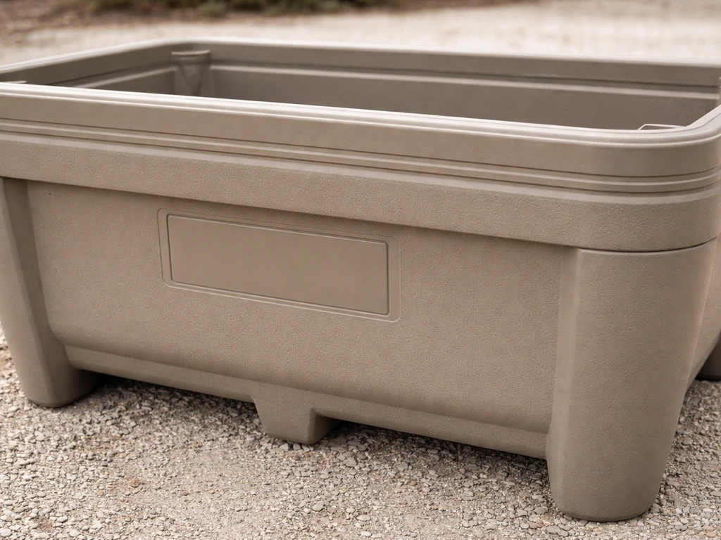 Close-up of a UV-protected raised bed planter’s model/label area and opaque resin body in natural light.