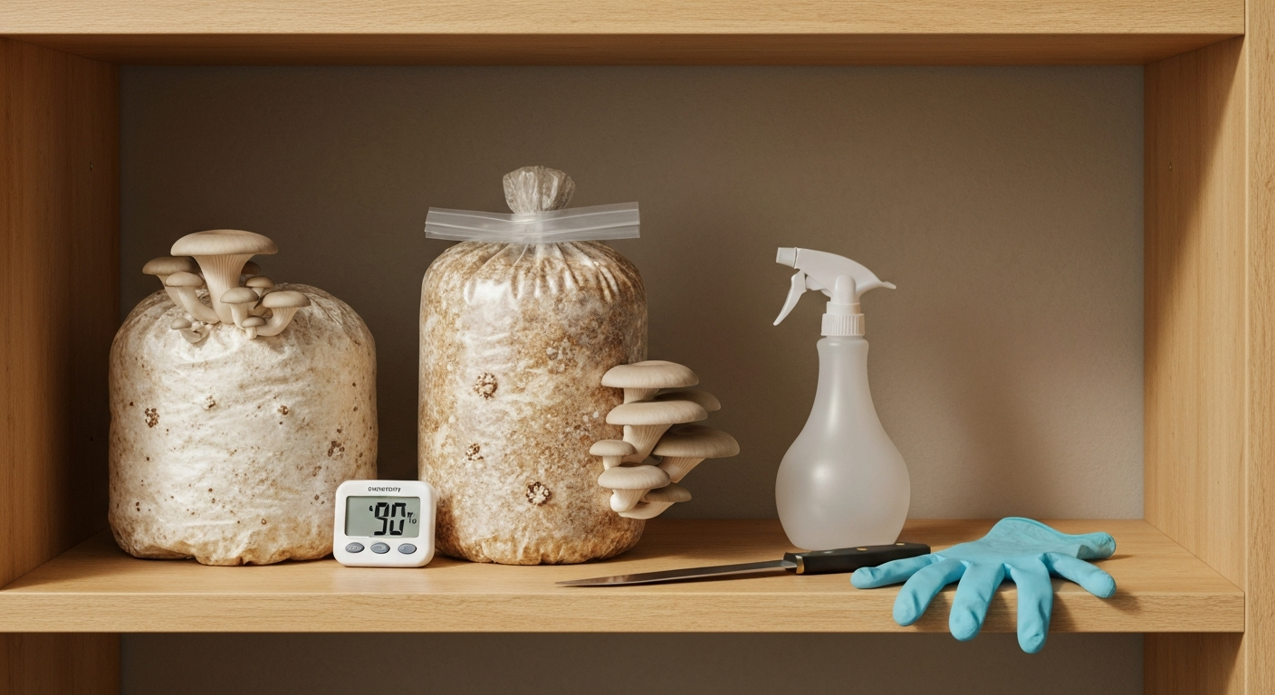 Photorealistic illustration of a mushroom grow kit on a shelf: colonised block in a clipped grow bag fruiting oysters, hygrometer, spray bottle, and gloves.