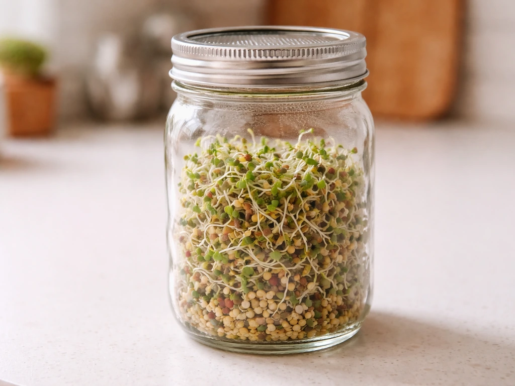 Open glass grow jar with sprouting lid and visible seeds sprouting on a kitchen countertop.