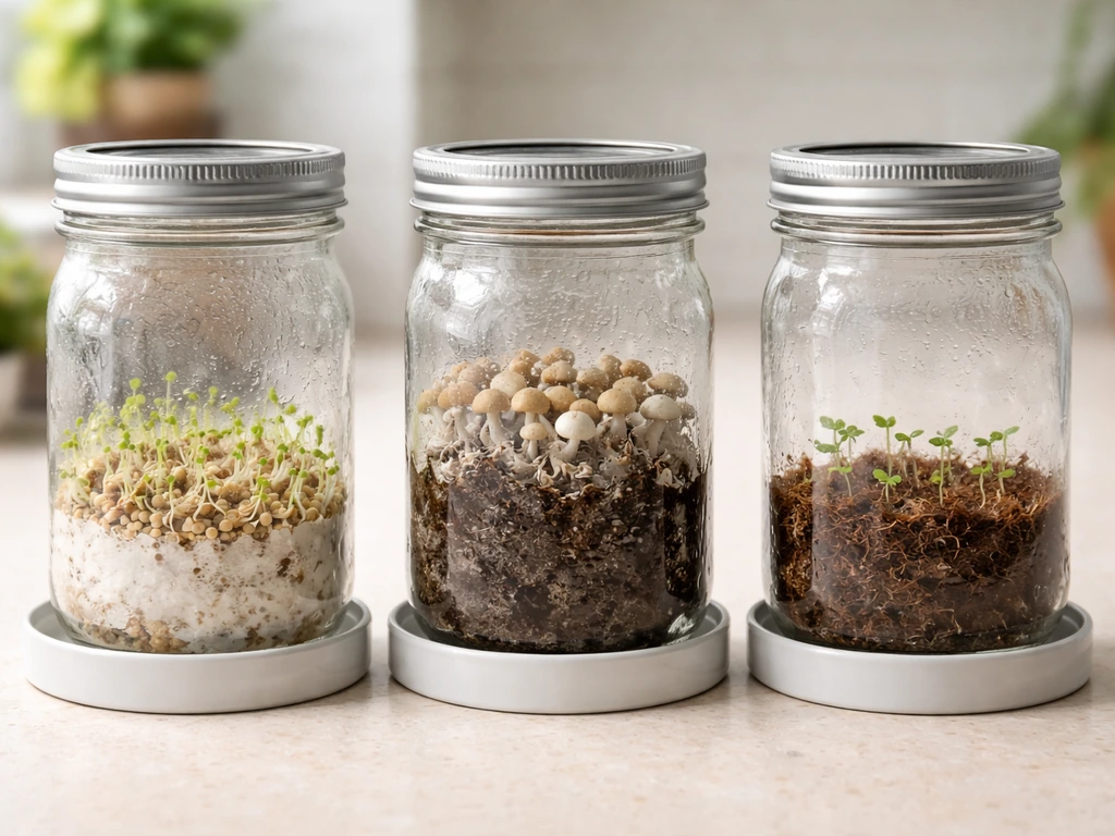 Three clear grow jar kits with different contents on a simple table: sprouts, mushrooms, and seeds.