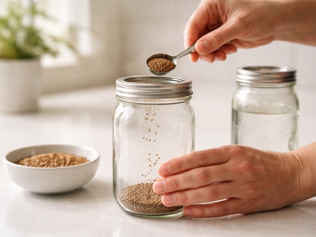 Hands filling a sprouting grow jar with seeds and fitting a mesh lid on a kitchen counter