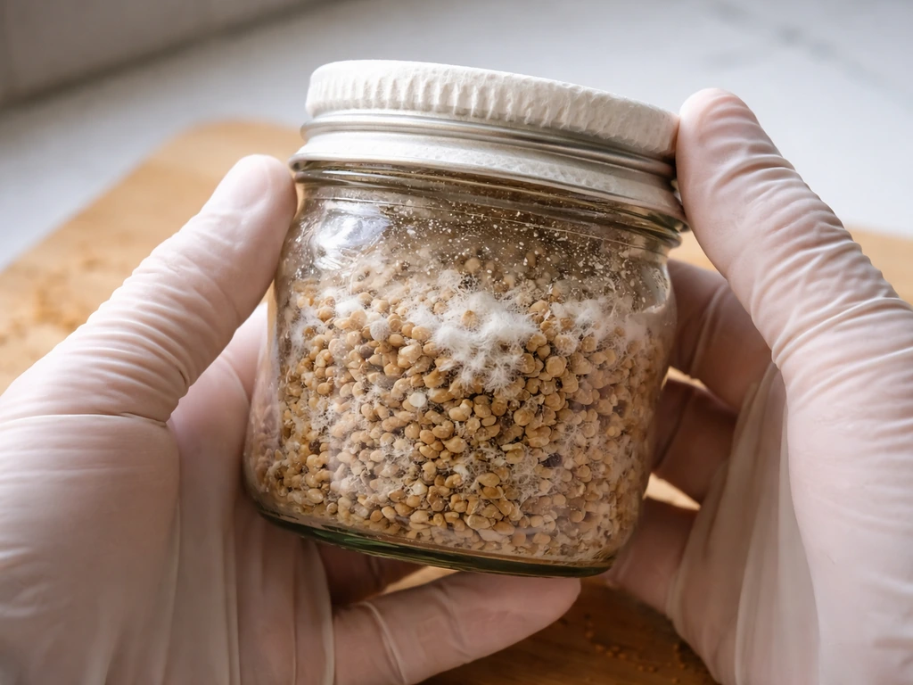Close-up of gloved hands loosening a sealed mushroom grow jar with breathable top and grain substrate inside.
