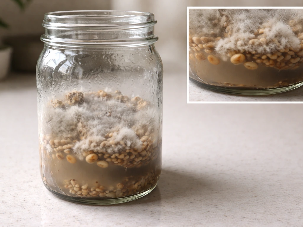 Close-up of a sprouting jar showing fuzzy mold growth with pooled water, hinting at poor drainage.