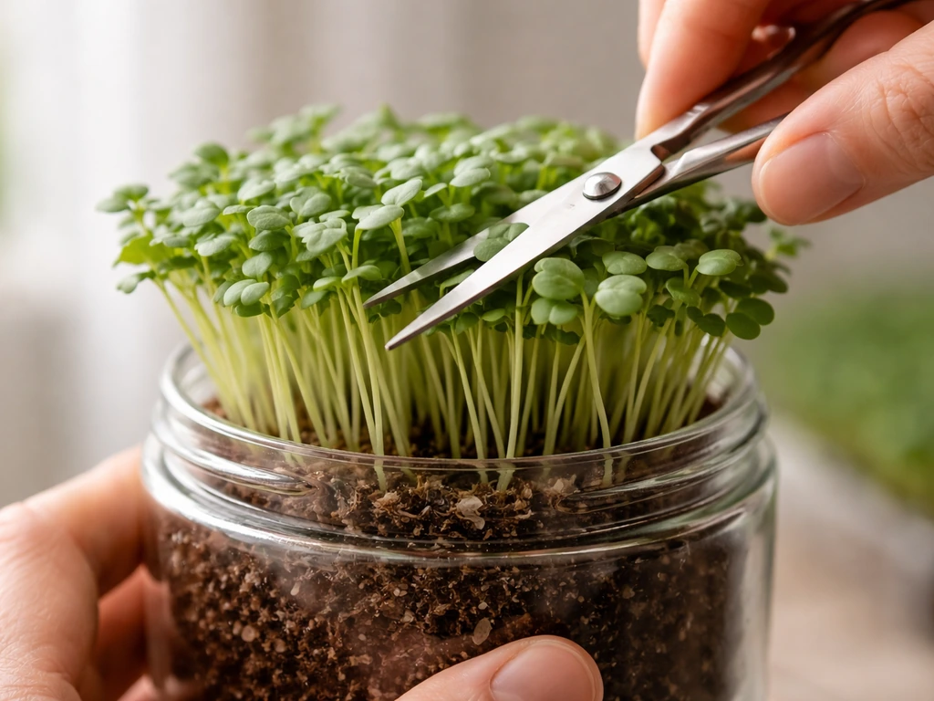 Close-up of microgreens being snipped with clean scissors above the soil line in a jar.