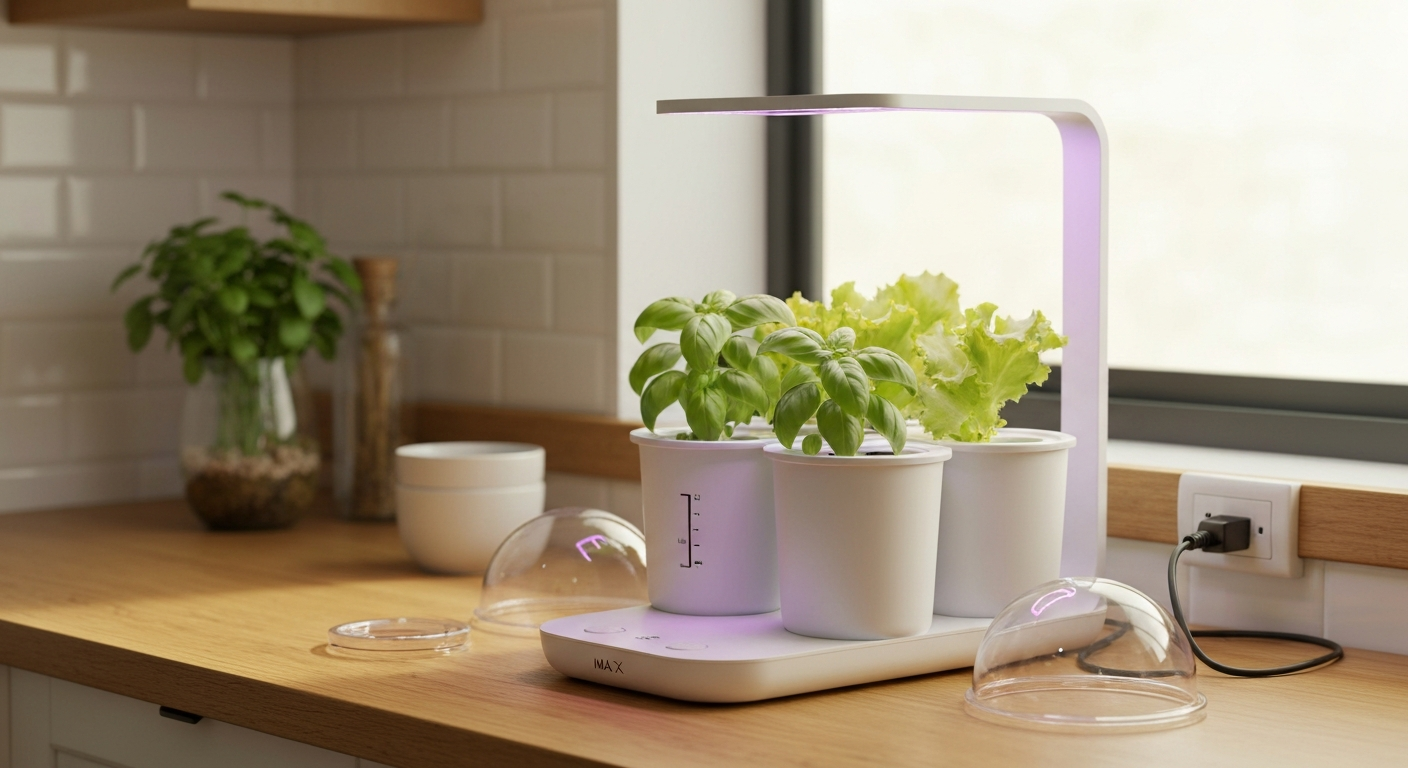 Click & Grow Smart Garden on a kitchen counter with the grow light on and herbs growing.