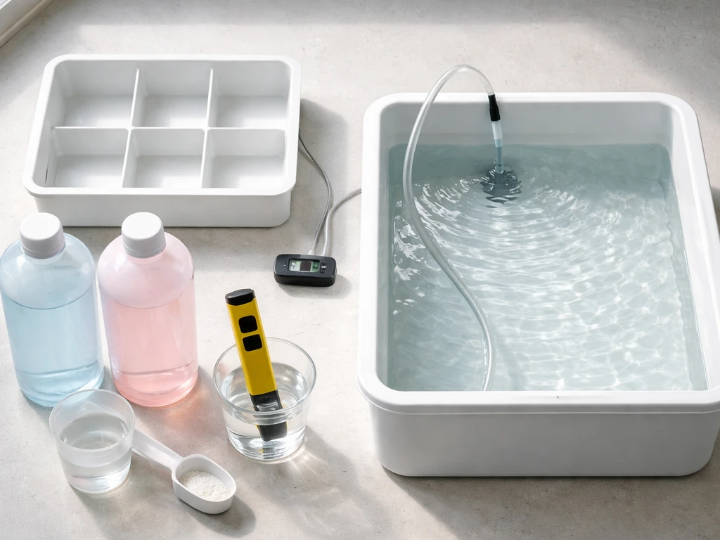 Top-down view of a hydroponic reservoir and nutrient-mixing area with thermometer and pH meter