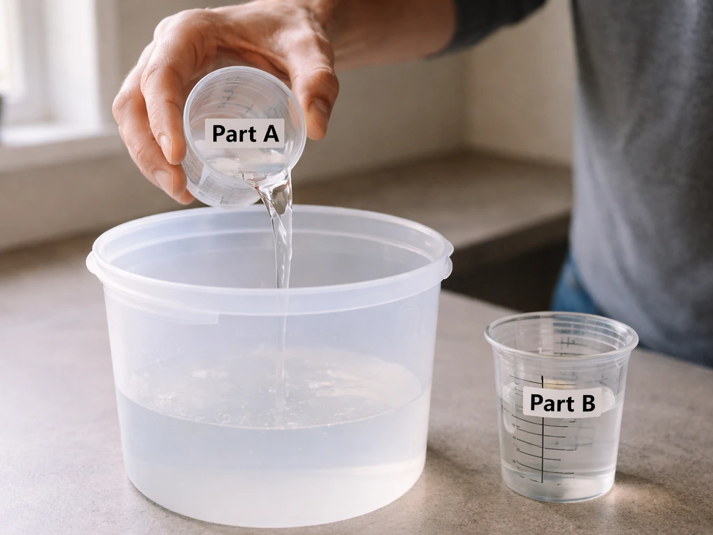 Hands pouring Part A into a reservoir while Part B tools wait nearby on a clean countertop.